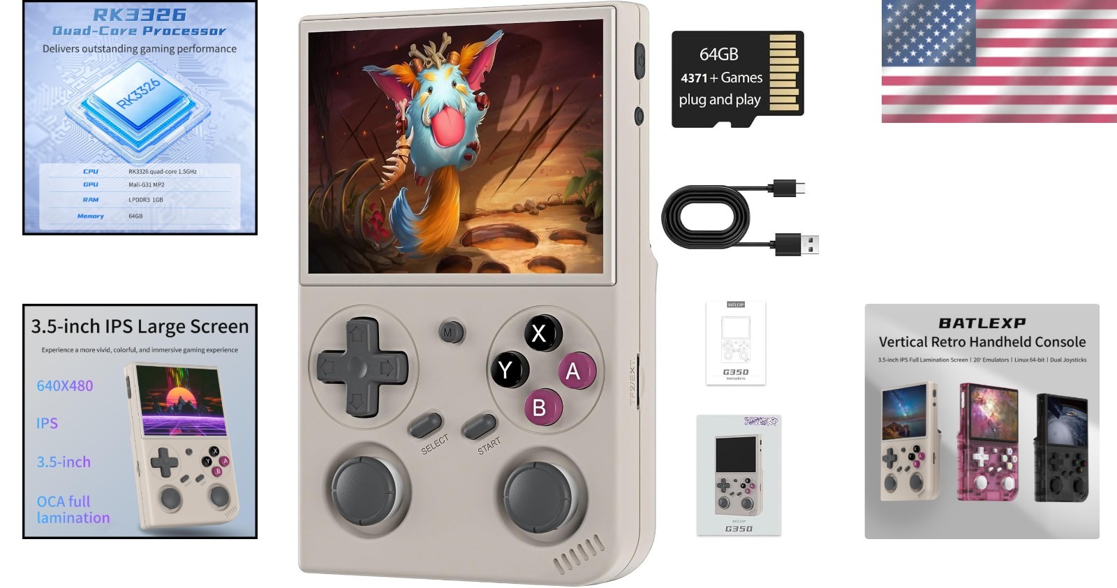 G350 Handheld Game Console – 64GB Storage, 3200mAh Battery, 4371 Games Preloaded