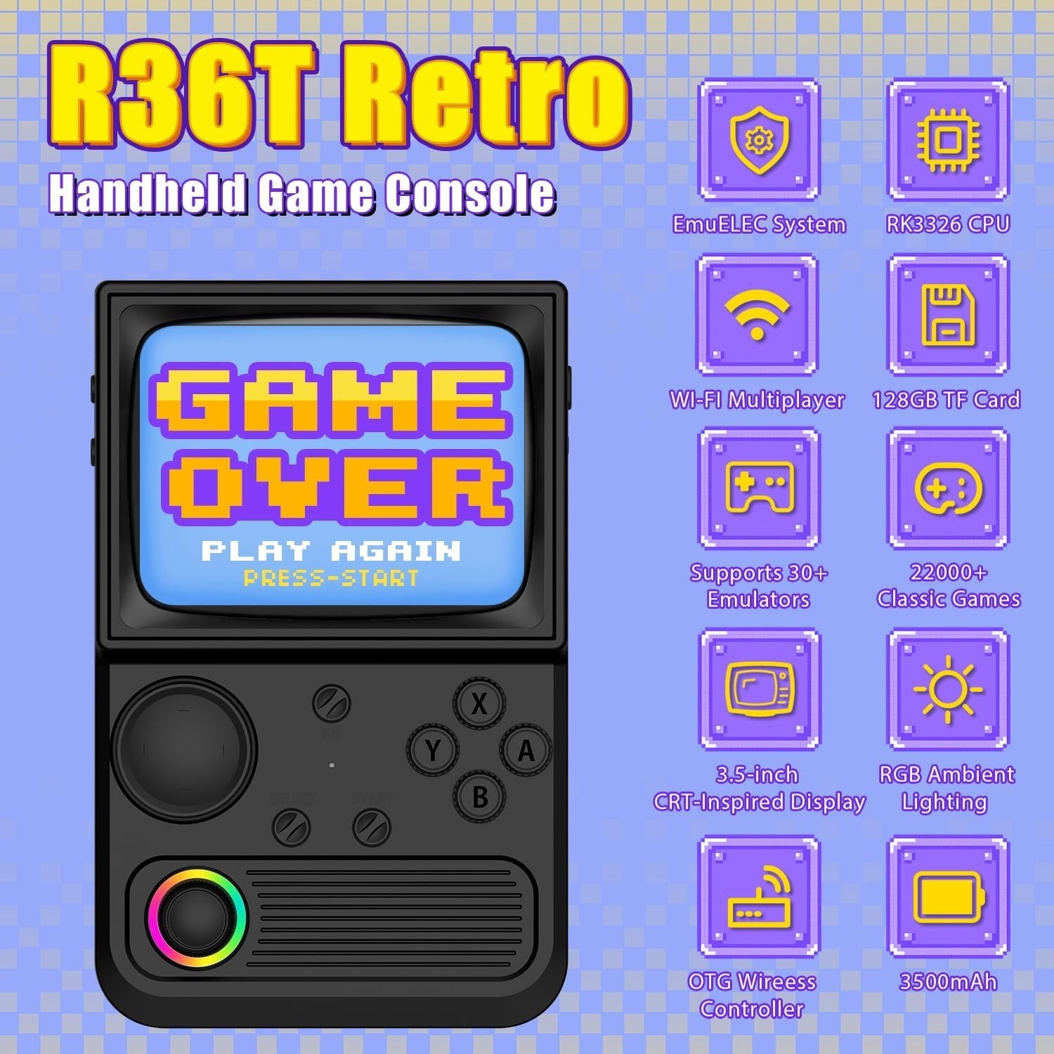 Portable R36T Retro Gaming Console – 3.5” Screen, 3500mAh Battery Life