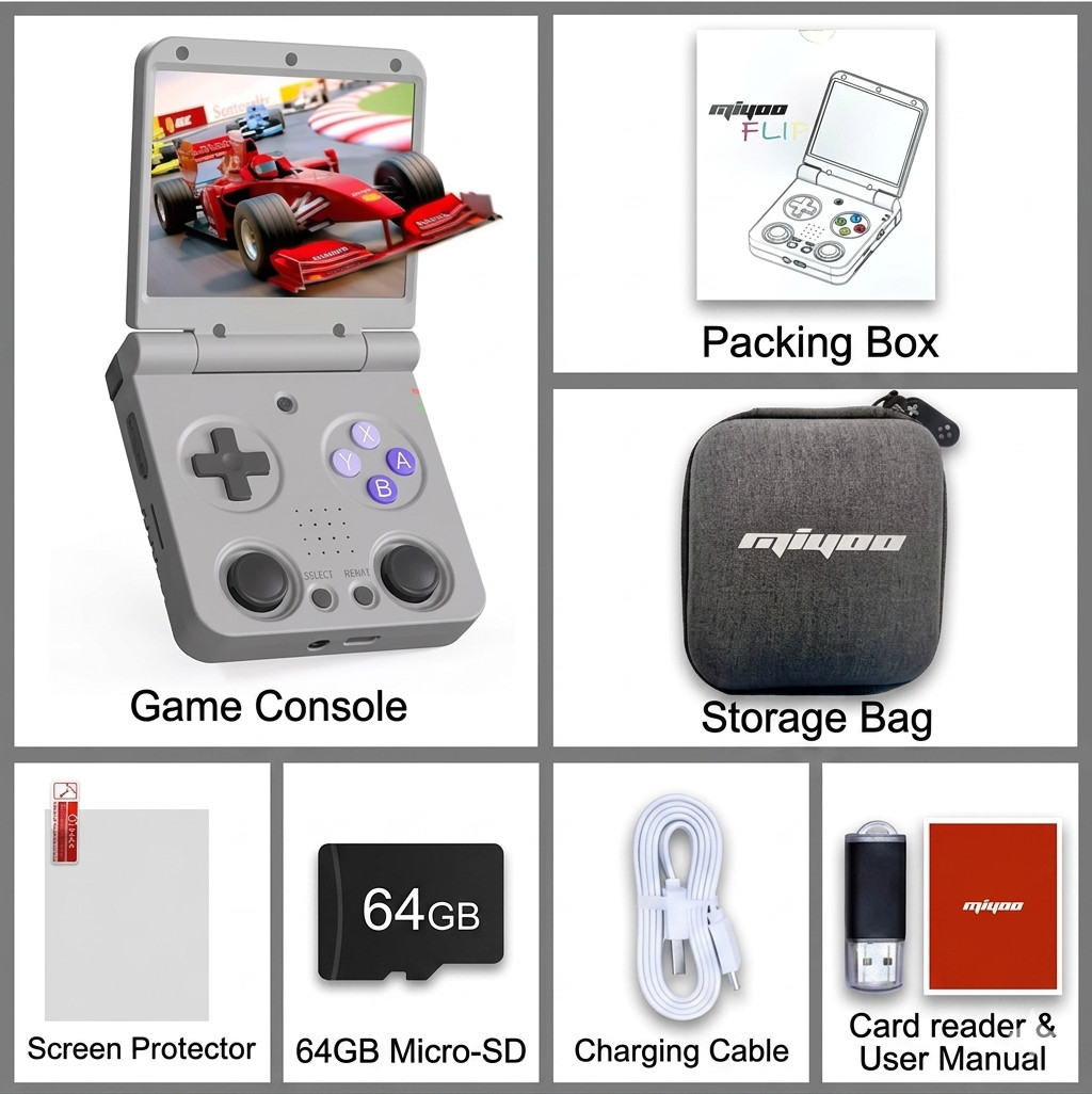 Miyoo Flip V2 Grey 64GB 3.5” IPS Dual Analog Retro Handheld (Silent Hinge) Case