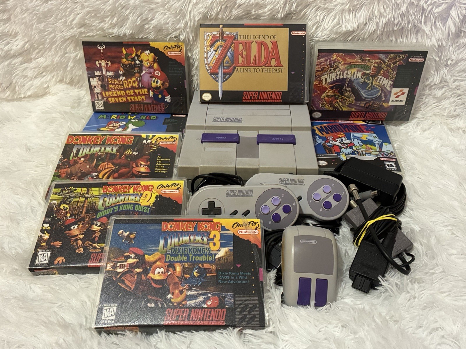 Original Nintendo SNES Console Bundle + 8 Games Mario RPG Zelda DKC TMNT