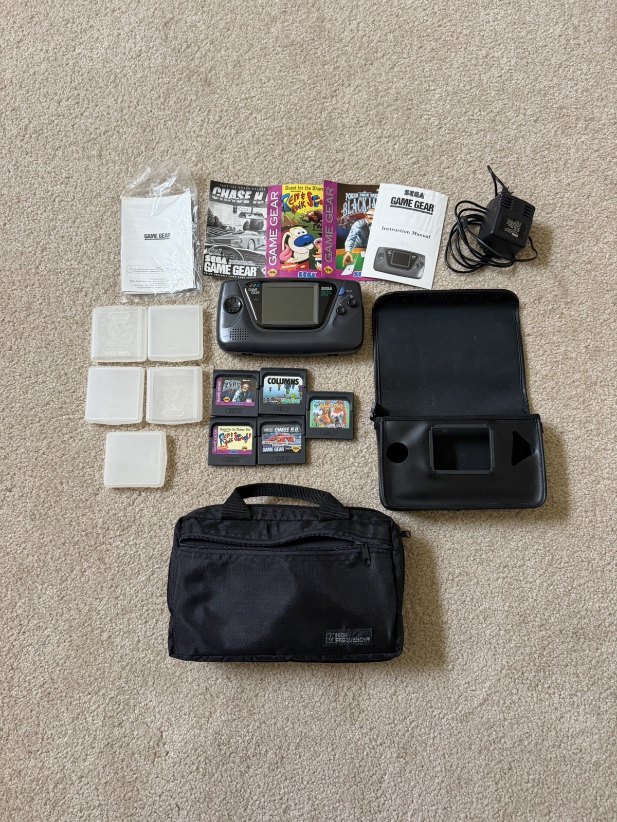 SEGA Game Gear Console Lot w/ 5 Games, AC Adapter, Battery Pack, Case & Manuals