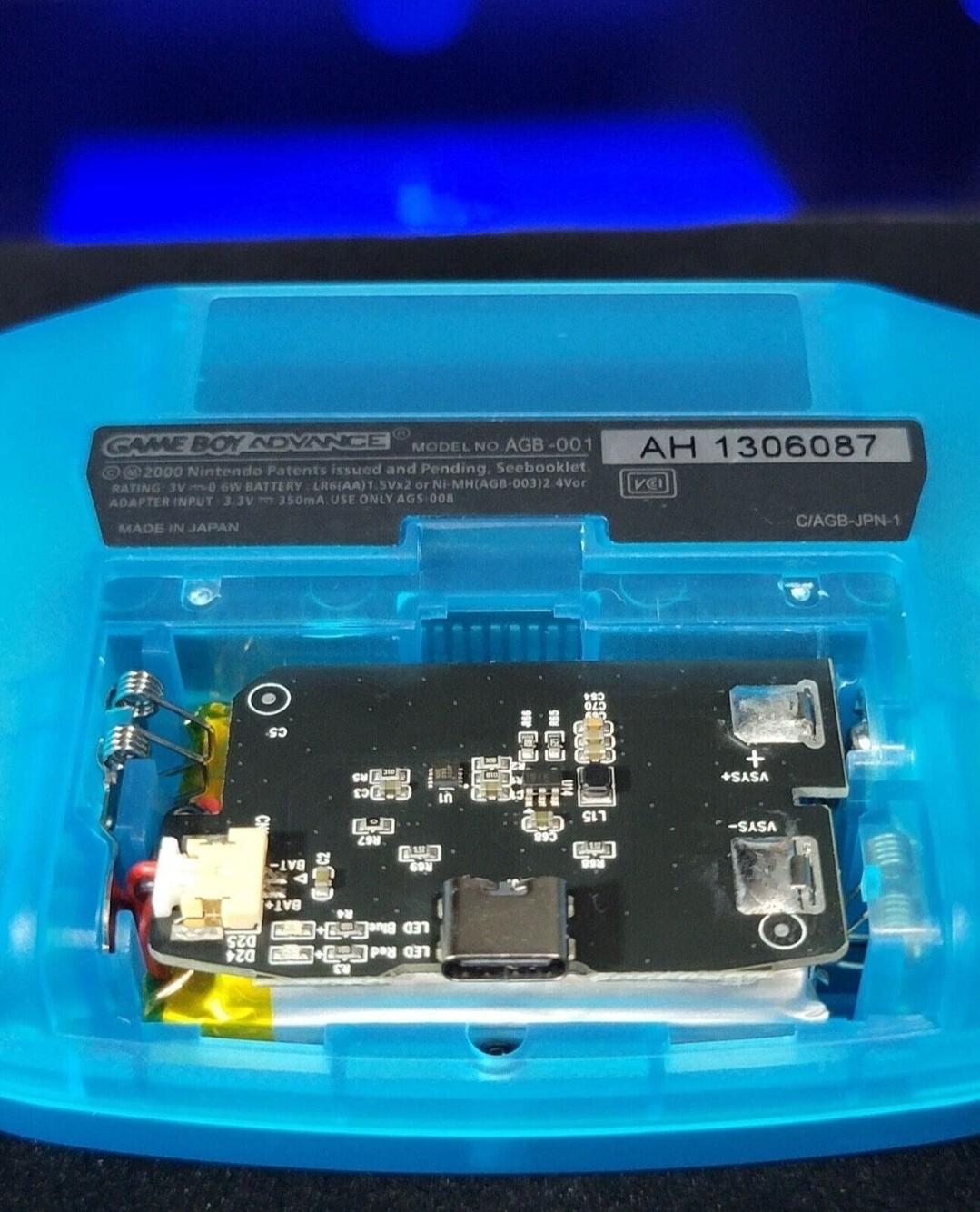 Clear Blue Game Boy Advance GBA iPS LCD USB-C 1800 mAh Rechargeable Battery