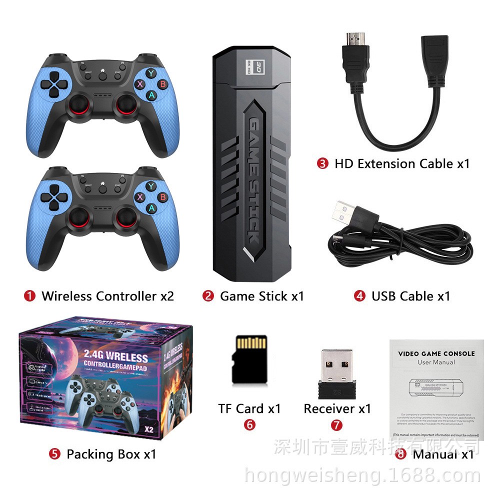X2 Blue Retro Game Console Wireless TV Stick Dual Controller HDMI Plug