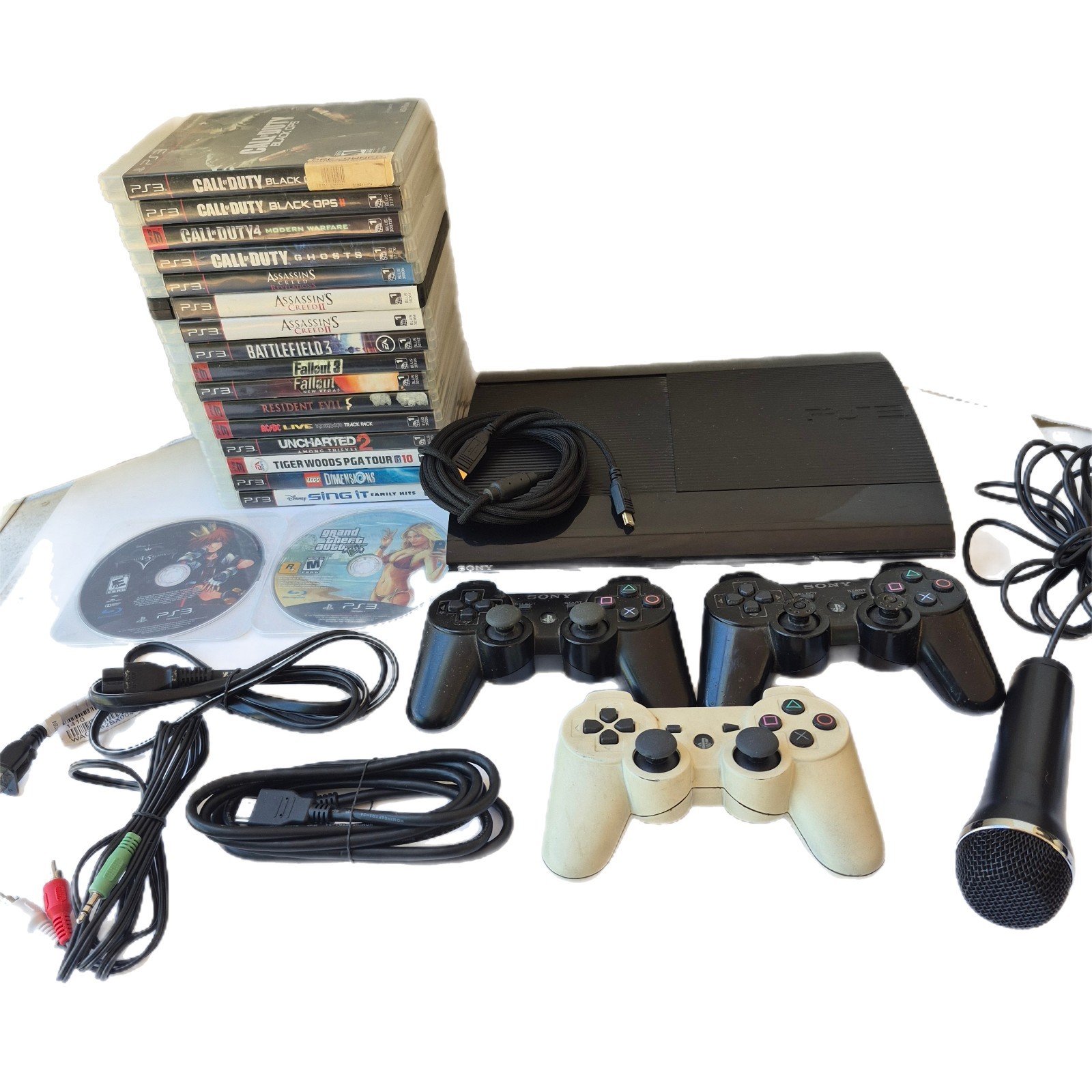 PS3 Console BUNDLE, 3 Controllers, 18 GAMES, Cords, Mic, CECH 4001 B – TESTED