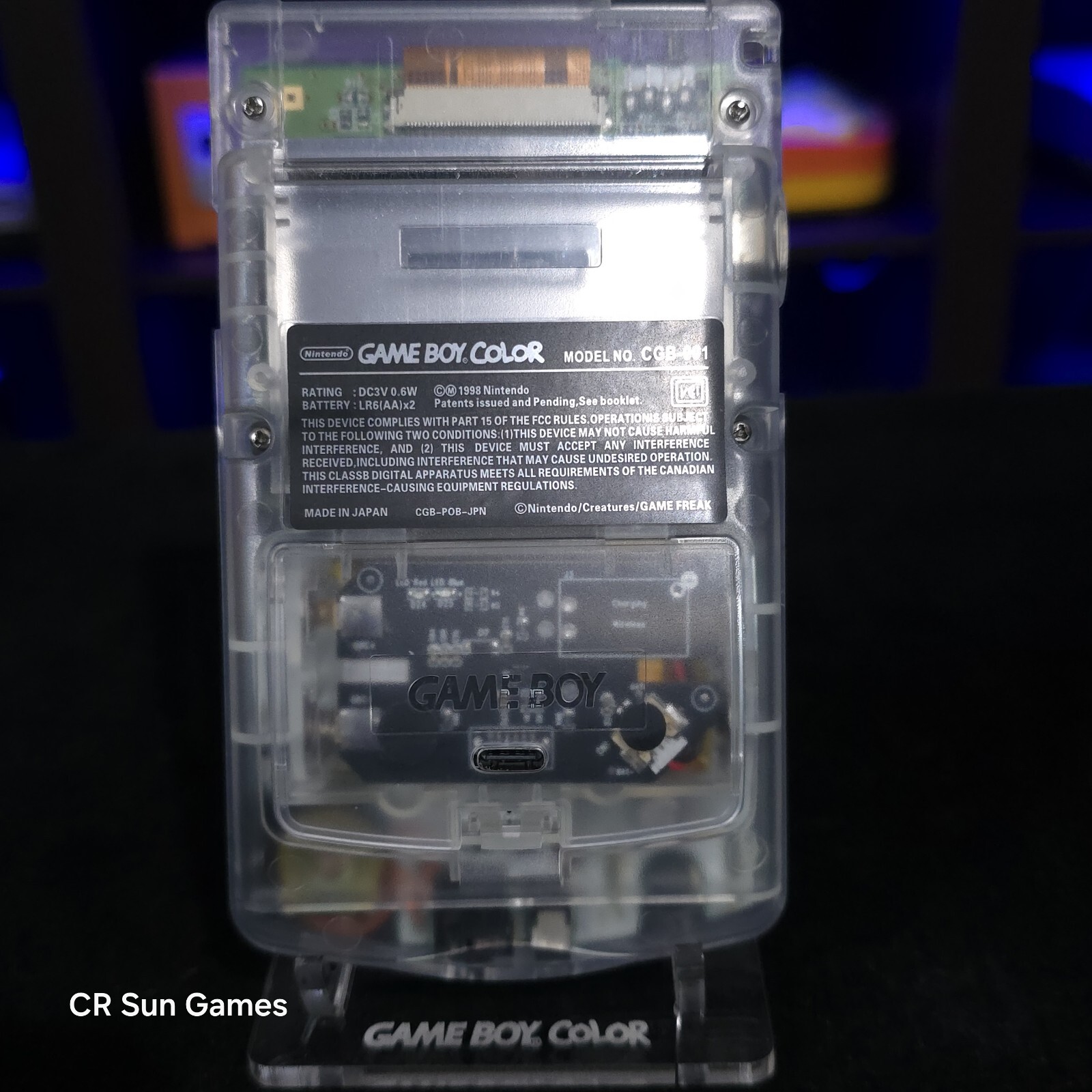 Clear Gameboy Color Console OLED Touch Screen With USB-C Rechargeable Battery