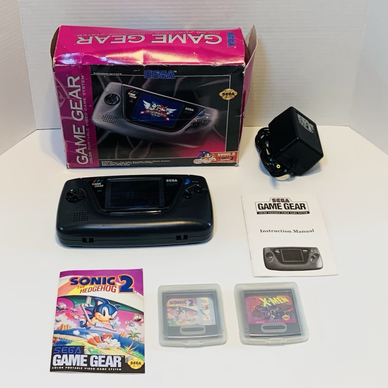 SEGA Game Gear Black Console Bundle w/ Box Manual 2 Games & Power Adapter Tested