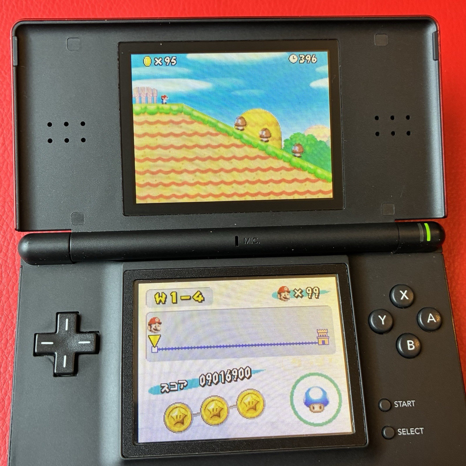 Nintendo DS Lite (Crimson Red/Black) CIB – Complete In Box w/ New Super Mario DS