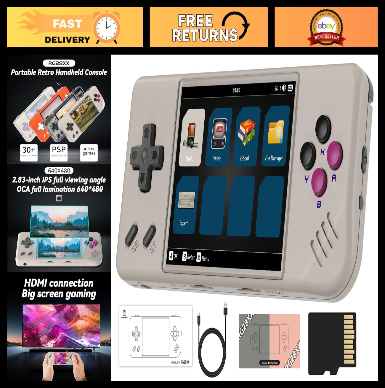 Retro Handheld Game Console, 2.83″ IPS Screen, 5516 Games, 32GB Card, TV Output
