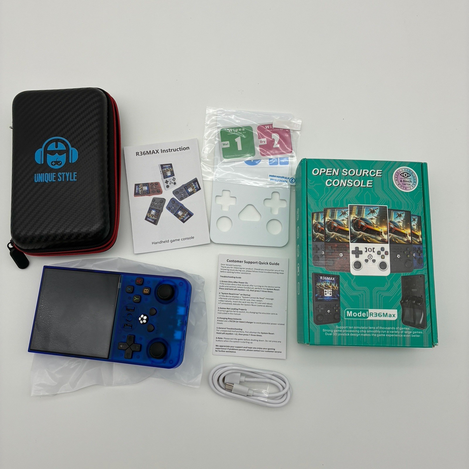 Blue R36MAX Retro Handheld Game Console 720×720 IPS Screen 64GB TF Card 4000mAh
