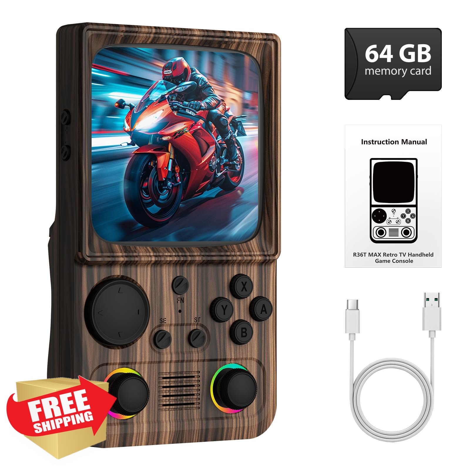 WDYQJE R36TMAX Retro Game Console Wood Grain Brown