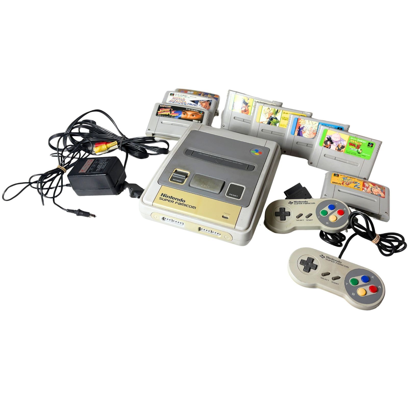 Nintendo Super Famicom Console Set w/2 Controllers + 8 Games Tested SNES