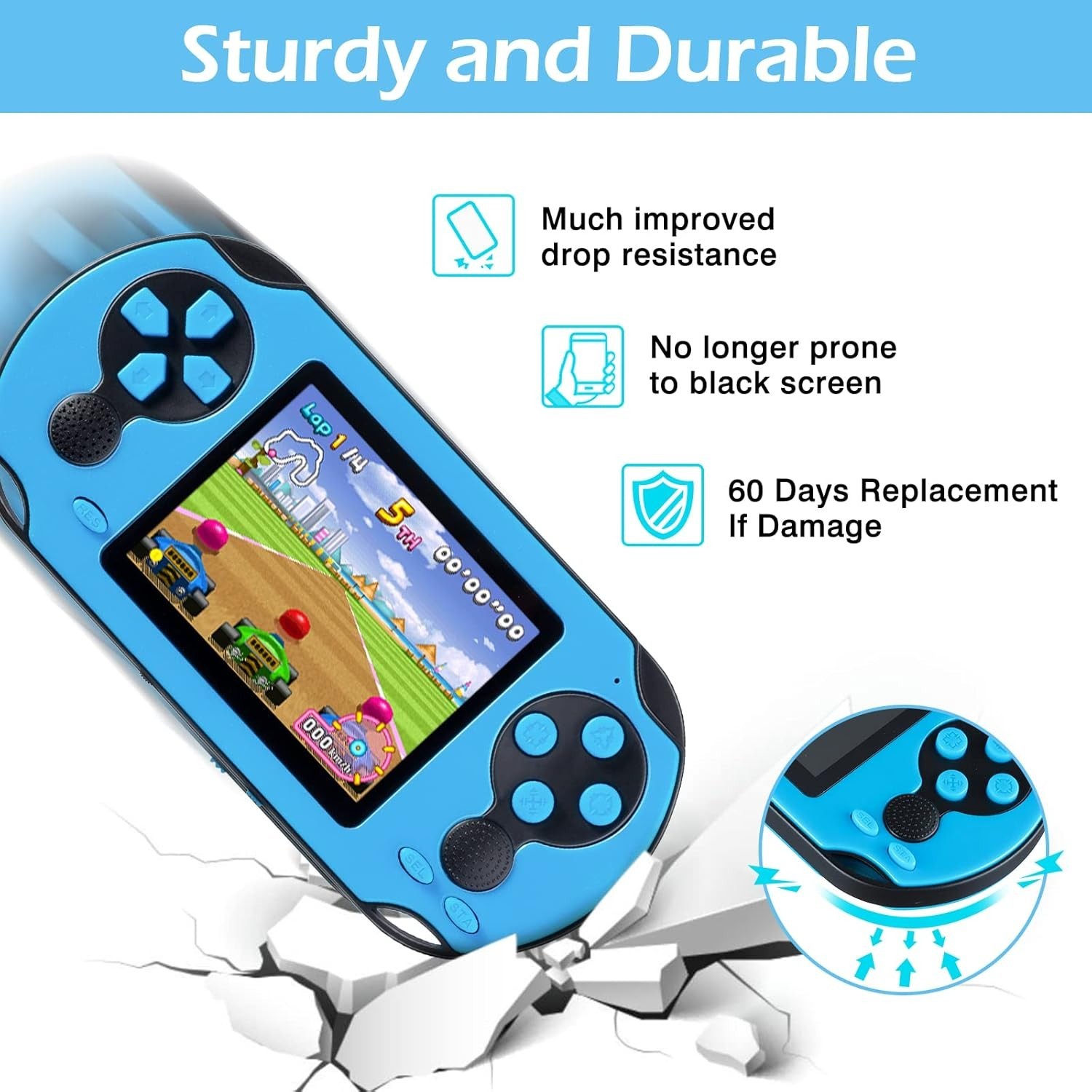 Blue Handheld Game Console 230 Built-in Games 3 Game Cartridges USB Rechargeable