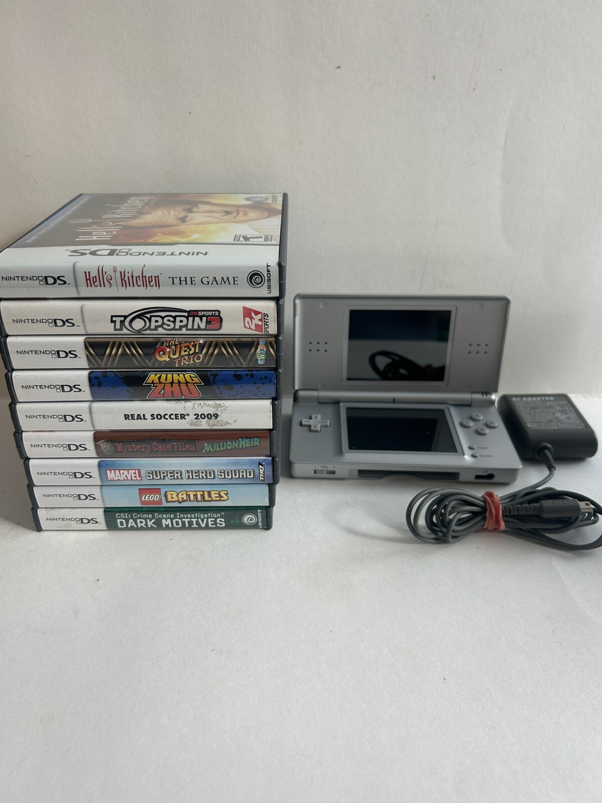 Nintendo DS Lite Silver Handheld System With (9) Games Complete Tested