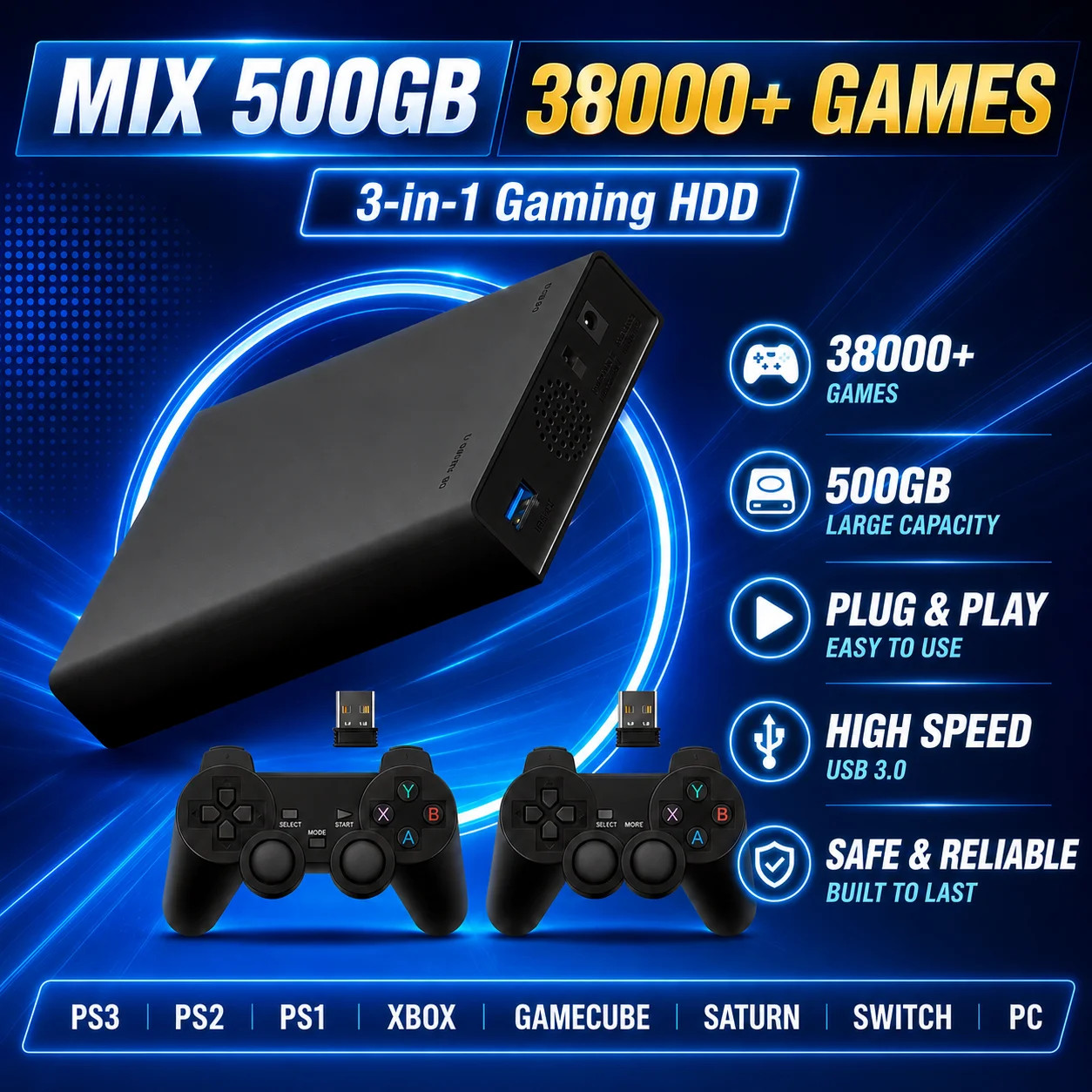Portable 500GB Gaming HDD for Xbox, PS3, PS2, Switch, Wii – Reproduction