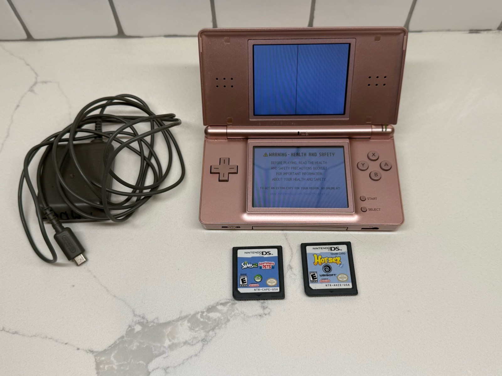 Nintendo DS Lite Handheld Console Metallic Rose W/ Charger + 2 Games FOR PARTS