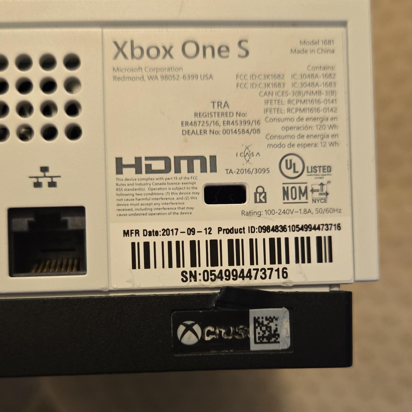 Microsoft Xbox One S White Home Console HDMI Ethernet Model 1681