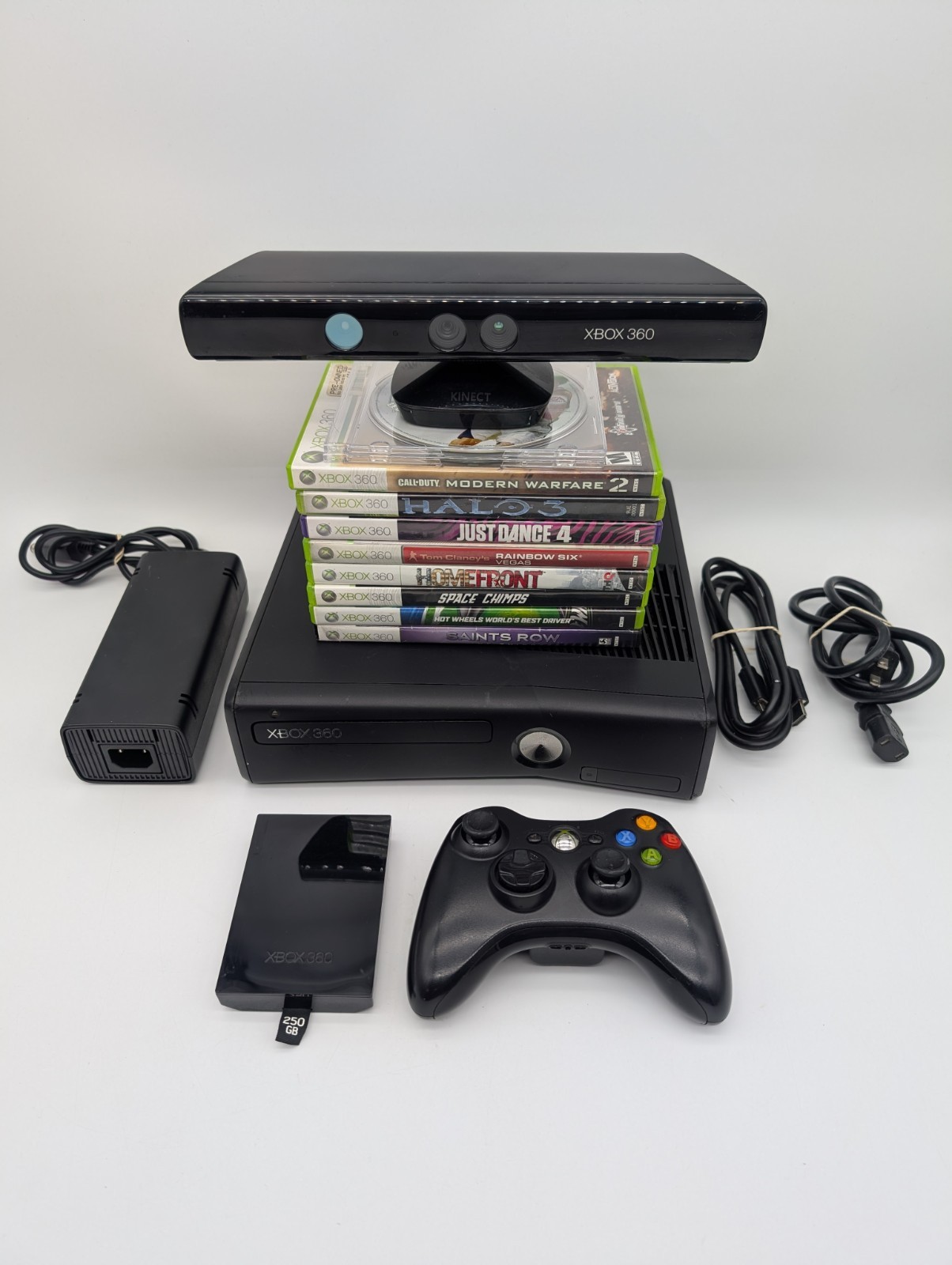 Xbox 360 Slim Console Kinect Bundle w/ 10 Games & Cords 250gb – Tested Working