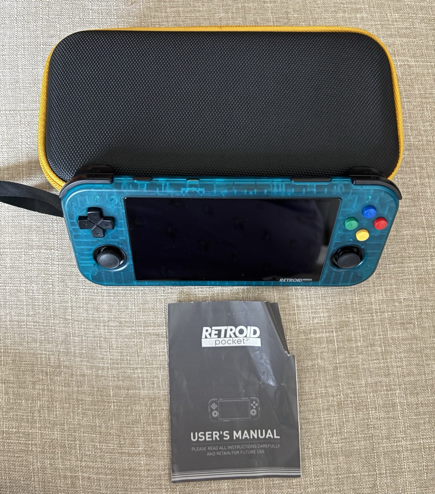 Retroid Pocket 3+ Handheld Gaming Console Complete Transparent Teal-Blue w/Case