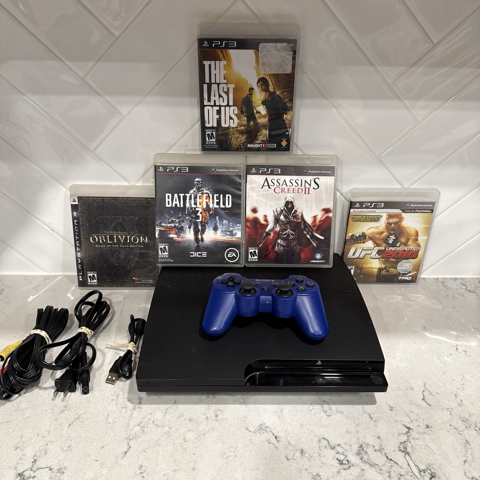 PlayStation 3 PS3 Slim 320GB Console Bundle w 5 Games (PLAYS VIA AV CABLES ONLY)