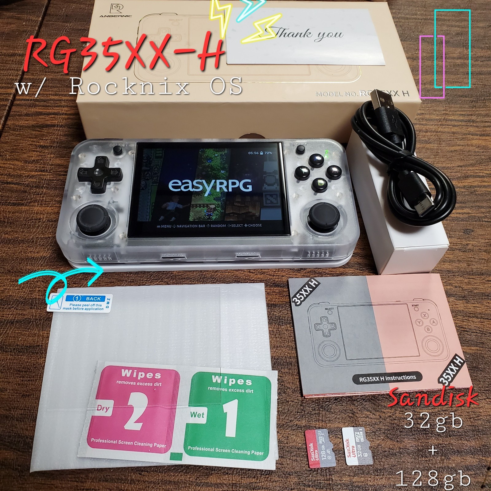 RG35XX H White Anbernic Retro Handheld Game Console ROCKNIX Transparent 16G+128G