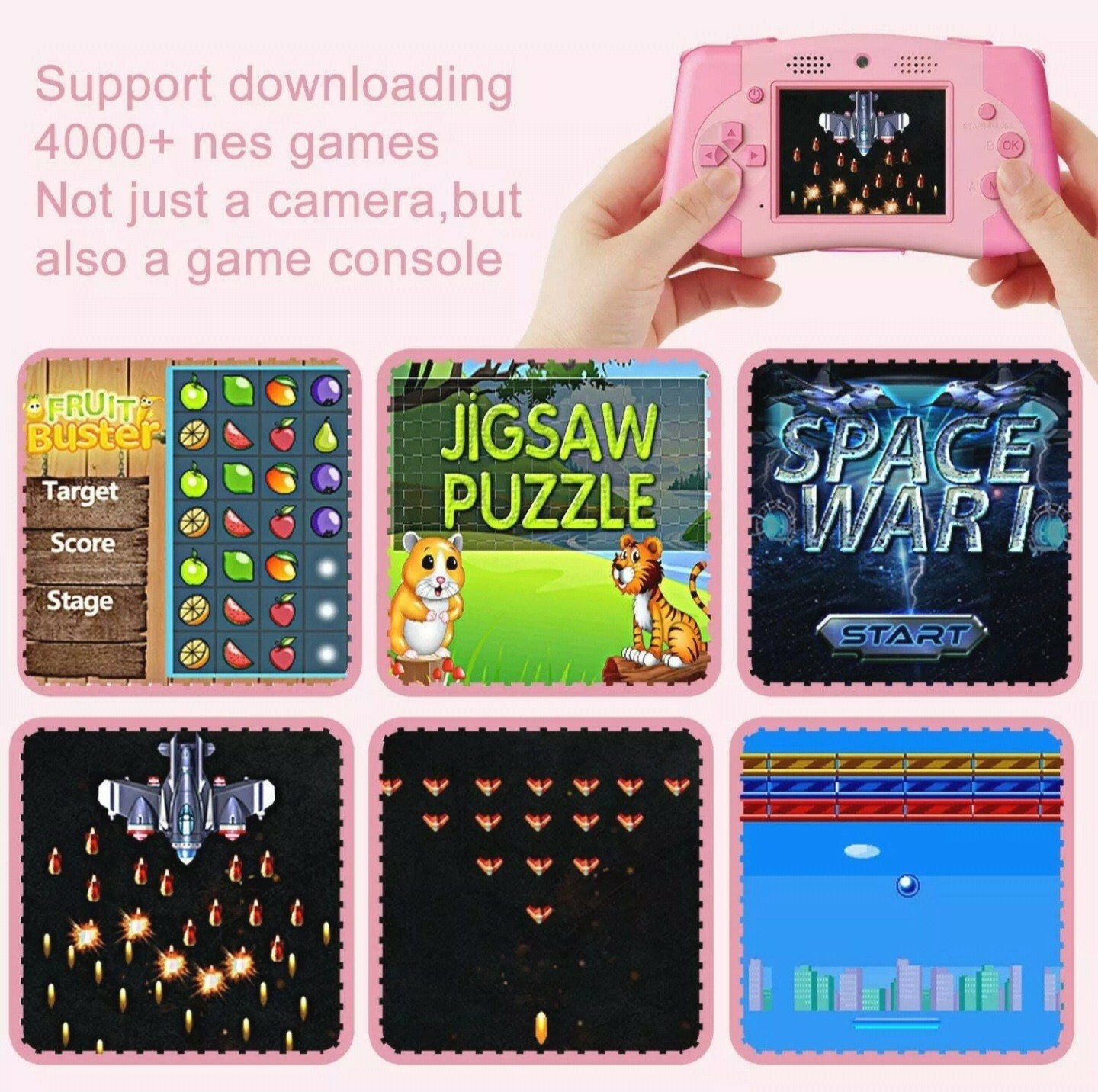 PROGRACE Kids Camera Portable Handheld Console Game for Toddler 4-12 – Pink.