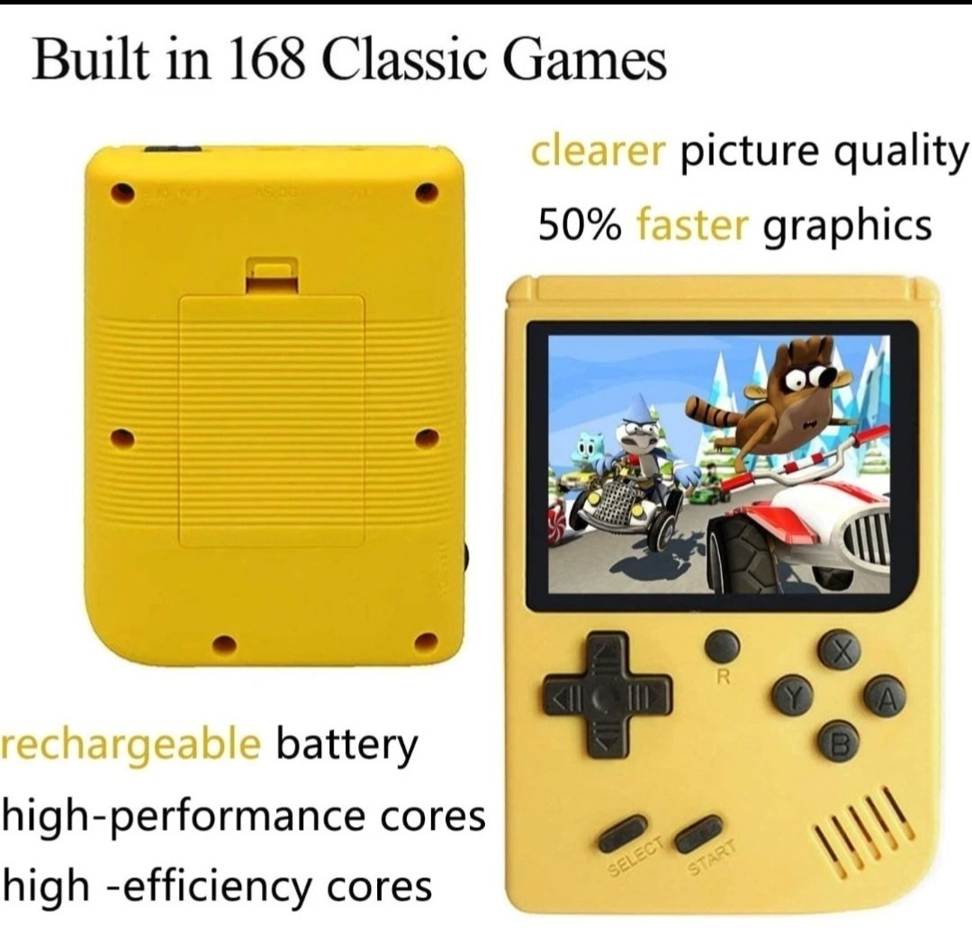 Yellow Handheld Game Console, 168 Games, 3.0″ Screen, TV Output, Rechargeable