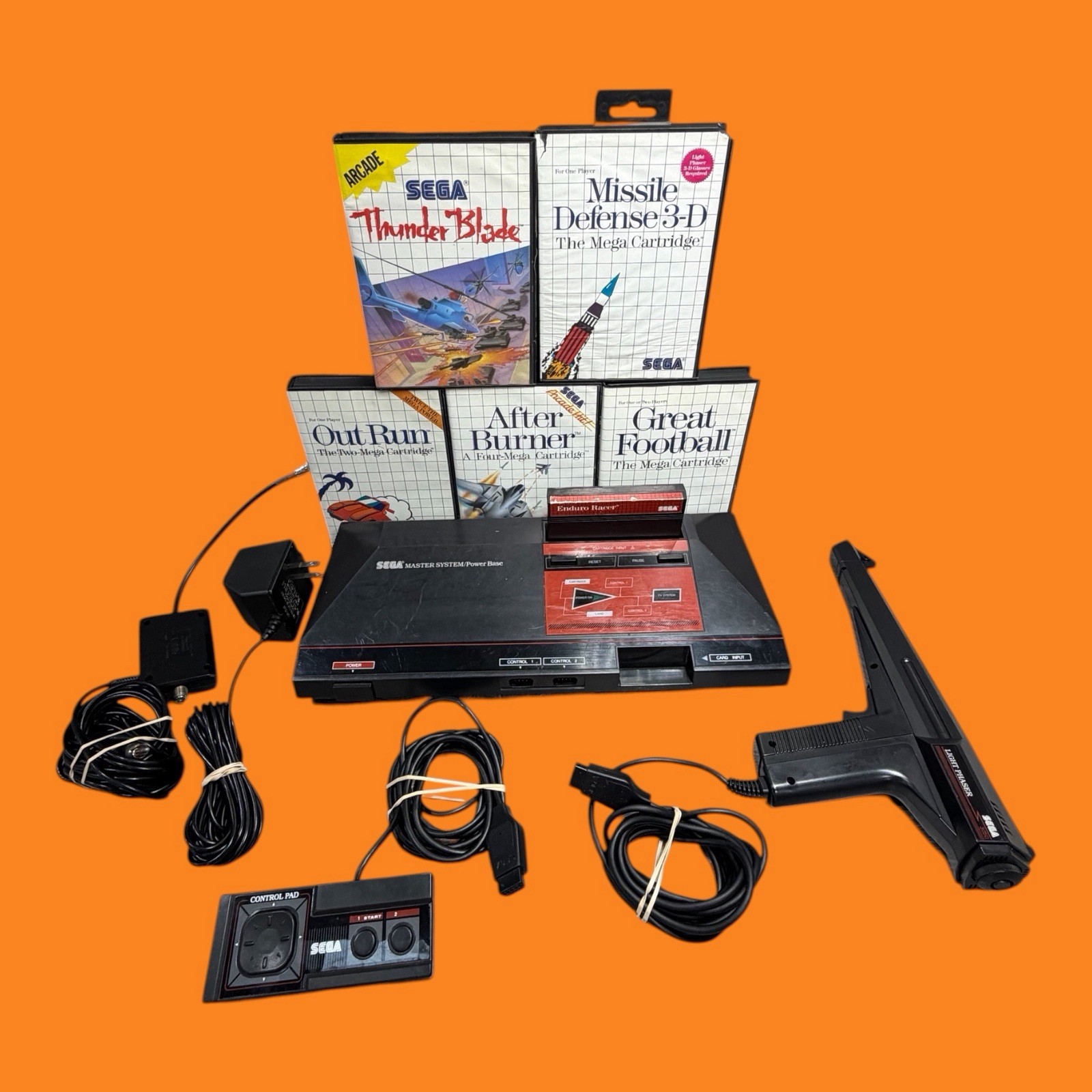 Sega Master System Power Base Console + Controller AC & RF + 6 Games Bundle Lot