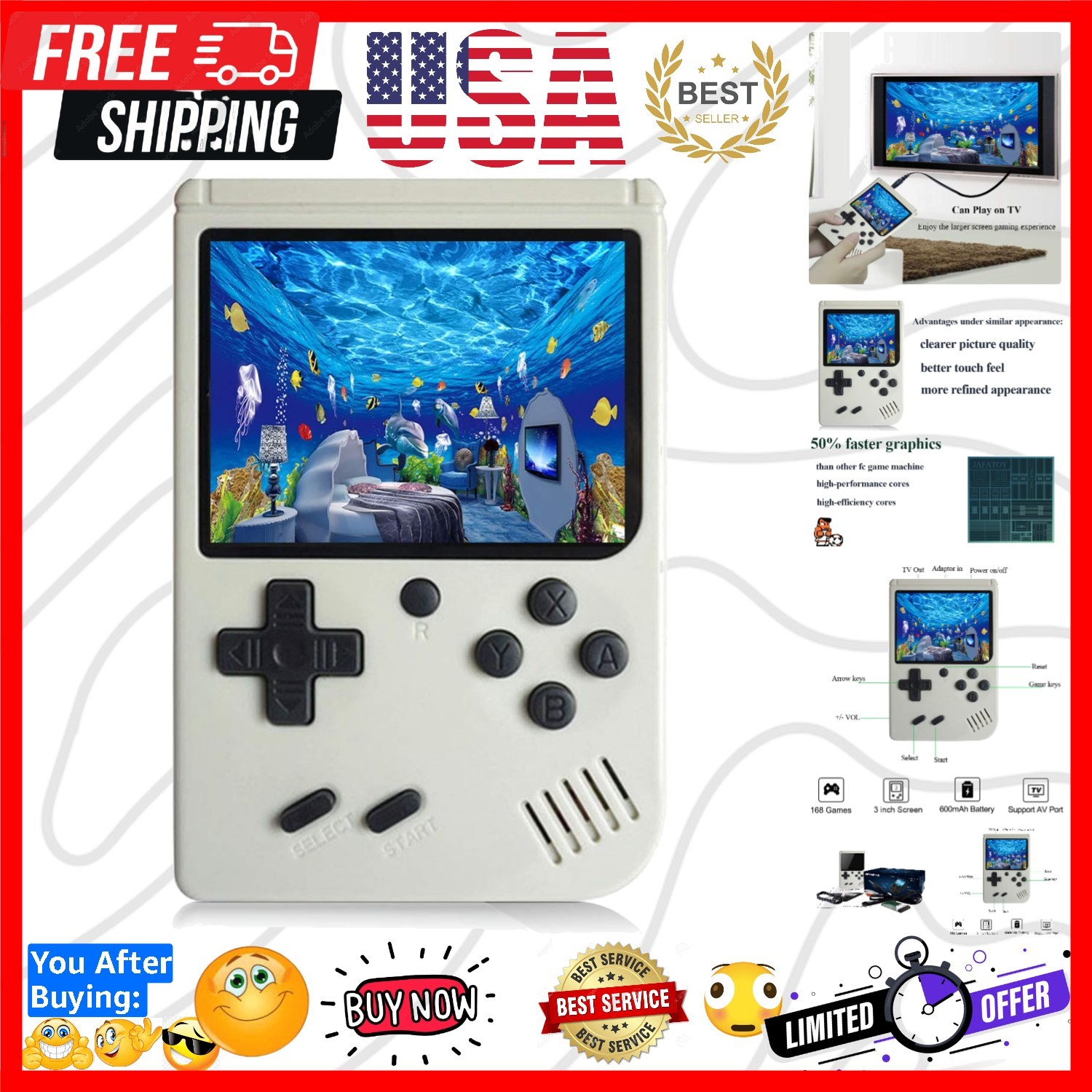Retro Handheld Games Console for Kids/Adults, 168 Classic 8 Bit Games 3 inch …