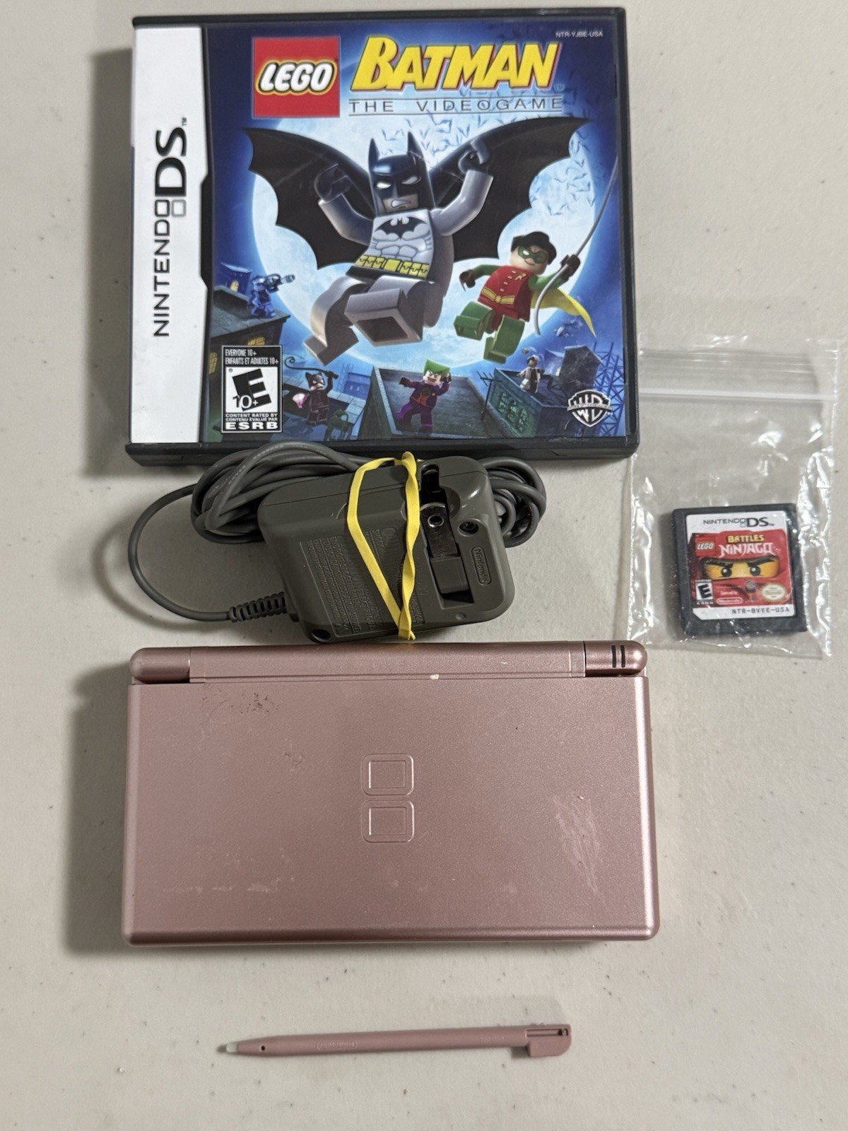 Nintendo DS Lite Coral Pink Bundle With Charger Stylus 2 Games USG-003 Tested