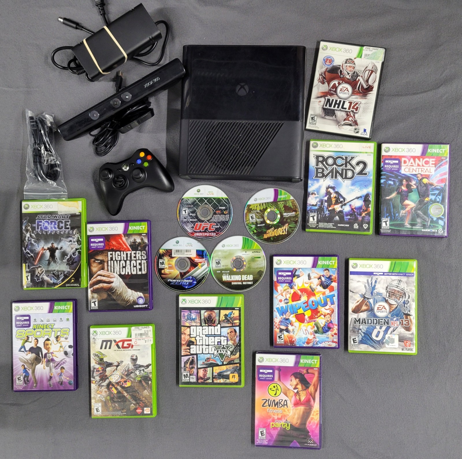 Xbox 360 E Bundle with 15 Games Kinect Controller 250GB TESTED