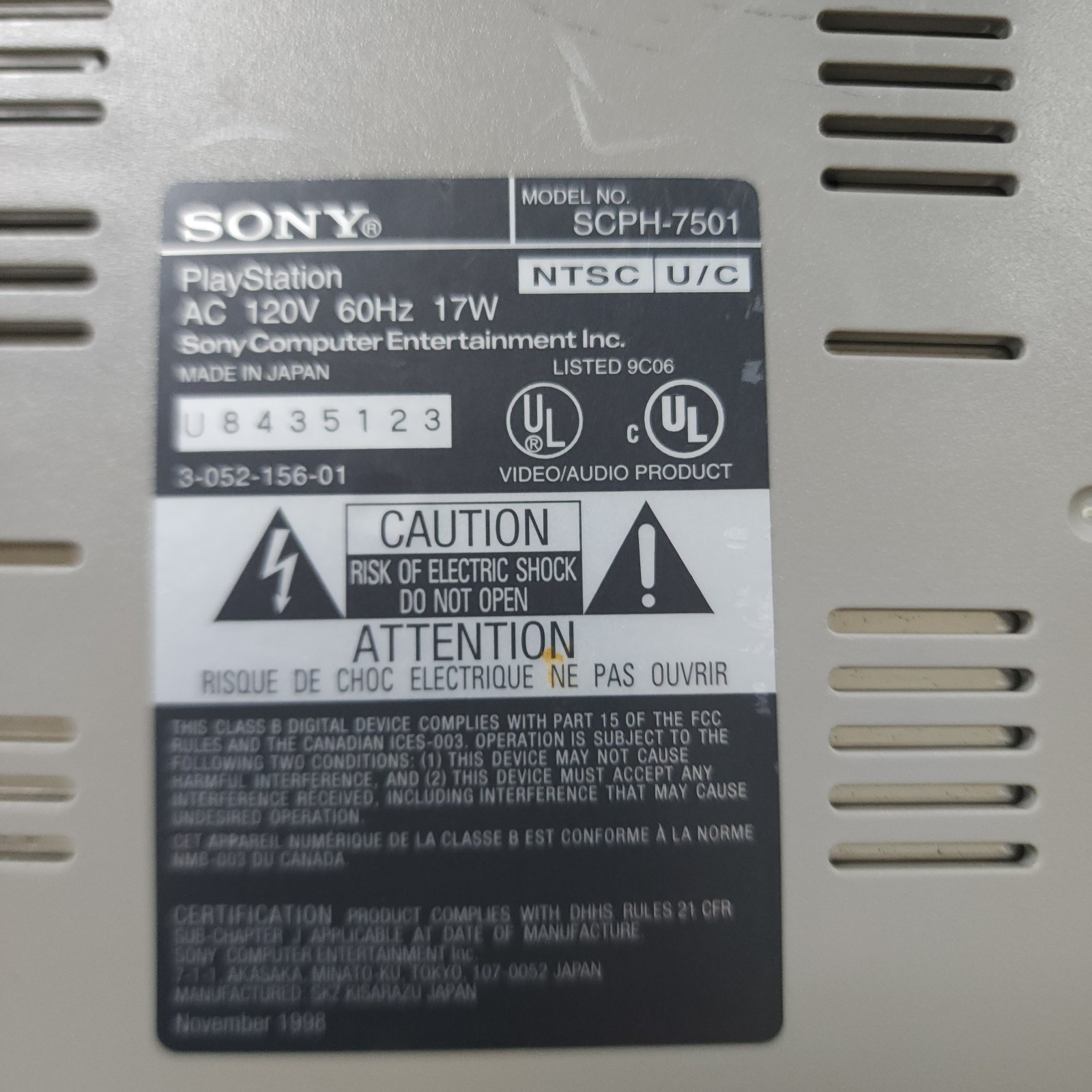 Sony PlayStation 1 Video Game Console *SCPH-7501* Tested W/ Cables, Patina Sony