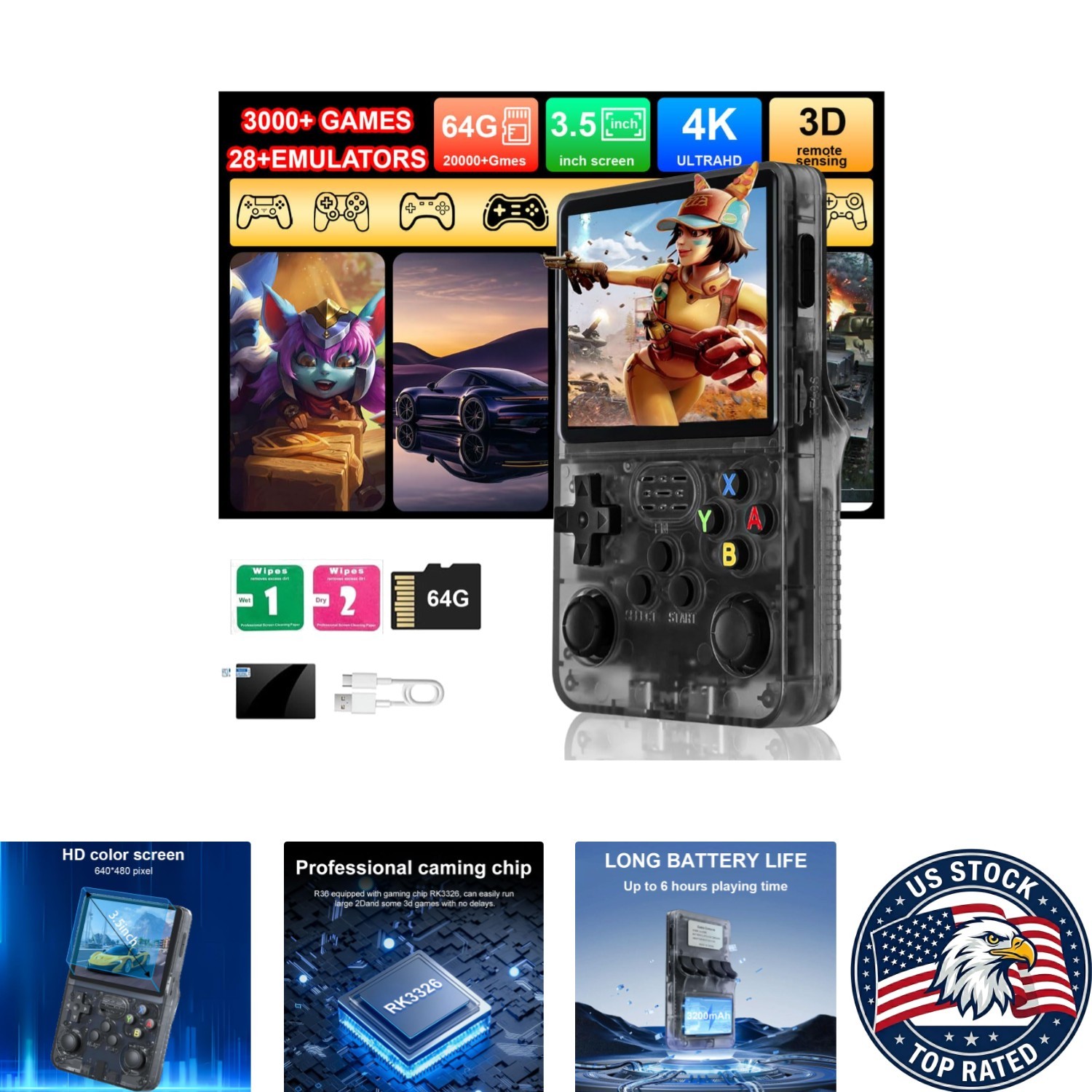 Portable R36S Game Console with Open Source System & 3000 Classic Games – Black