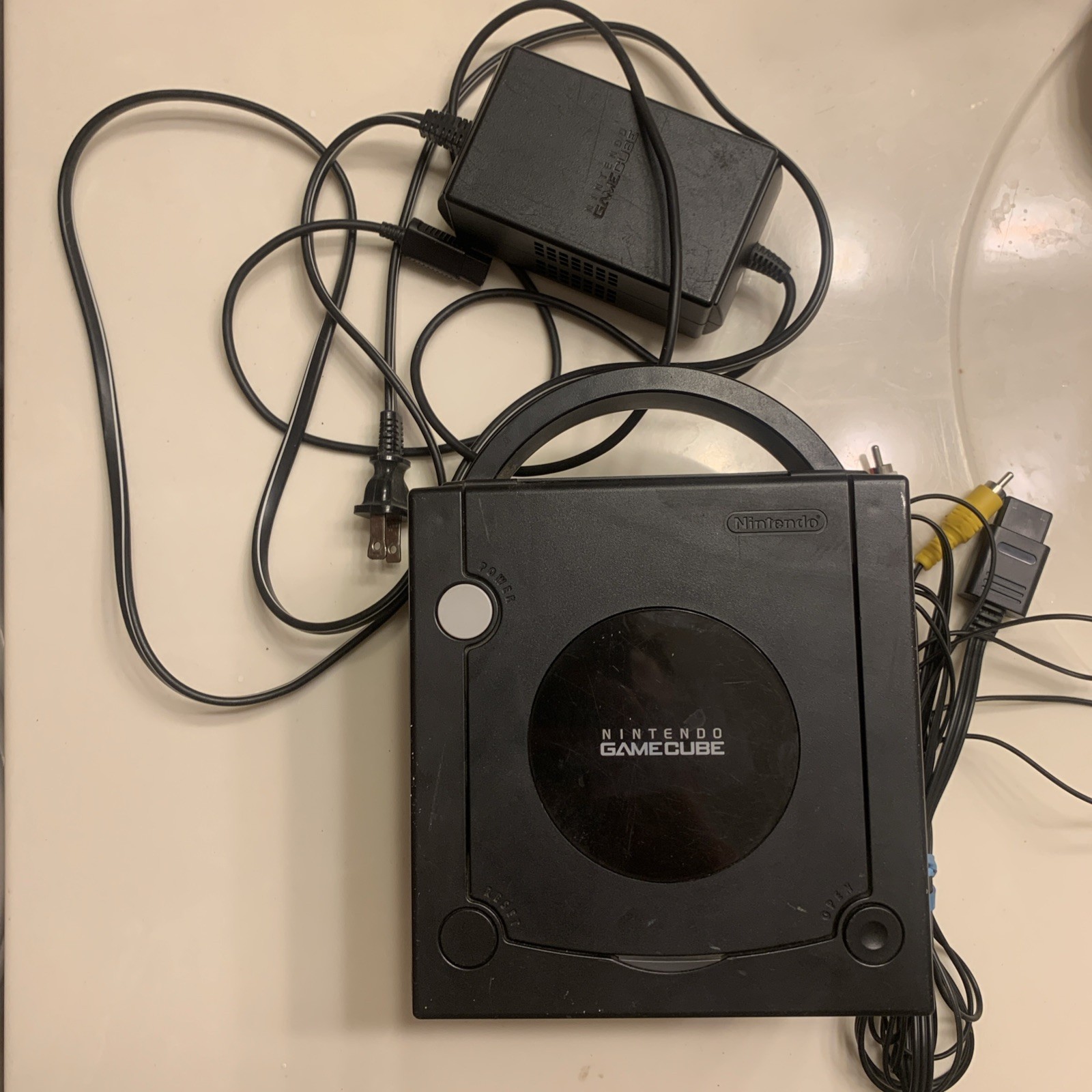 Nintendo GameCube Jet Black Console w/ Power Cable and TV Cable (Works!)