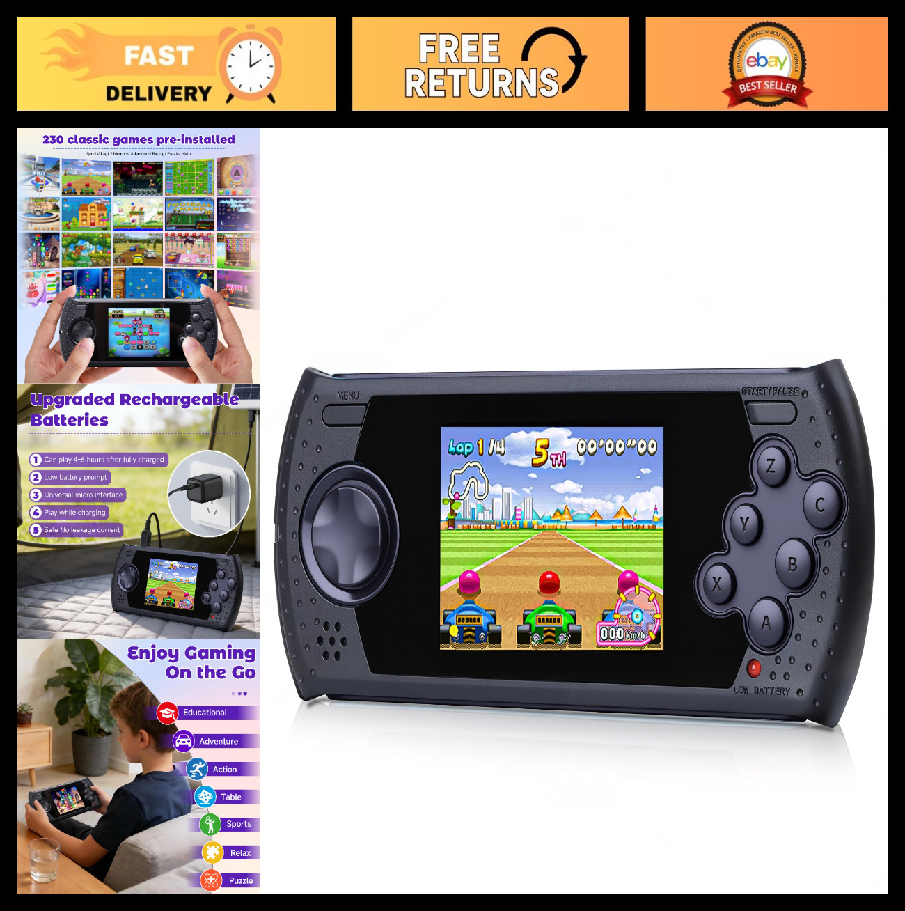 16 Bit Handheld Game Console – 230 Retro Video Games, USB Rechargeable, 3″ Porta