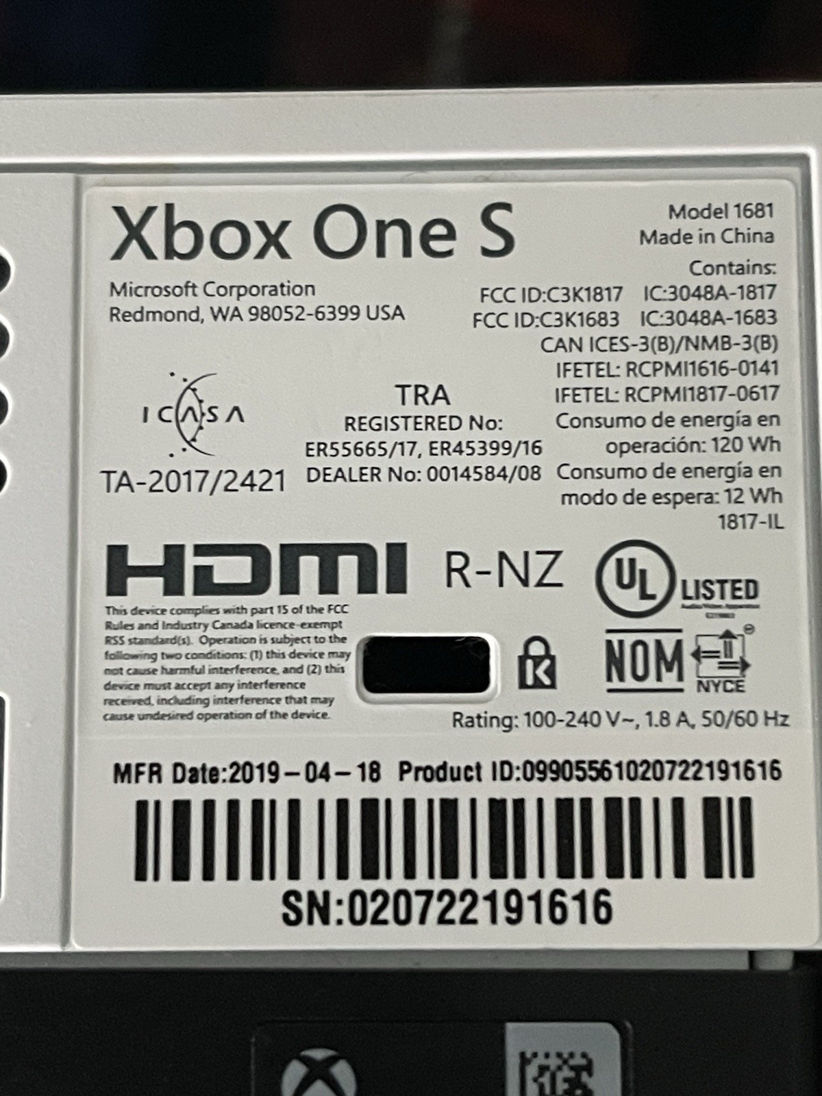Microsoft Xbox One S 1681 White Console HDMI USB Wi-Fi Capability 2019