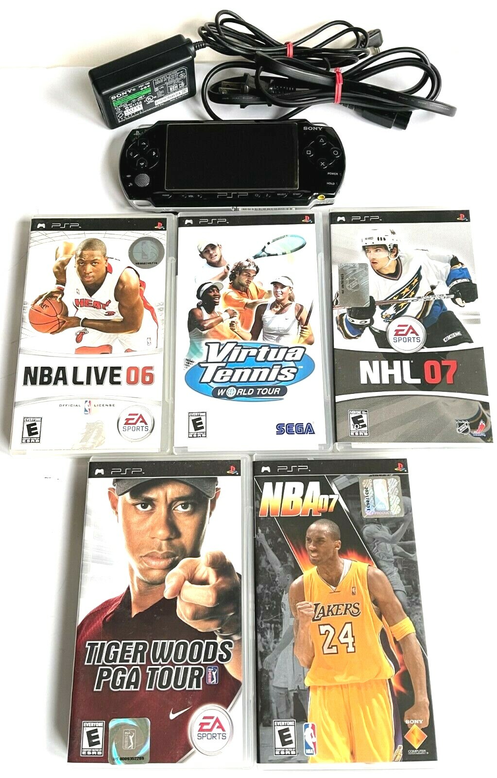 SONY PSP 2001 SLIM PIANO BLACK HANDHELD CONSOLE BUNDLE & 5 COMPLETE SPORTS GAMES