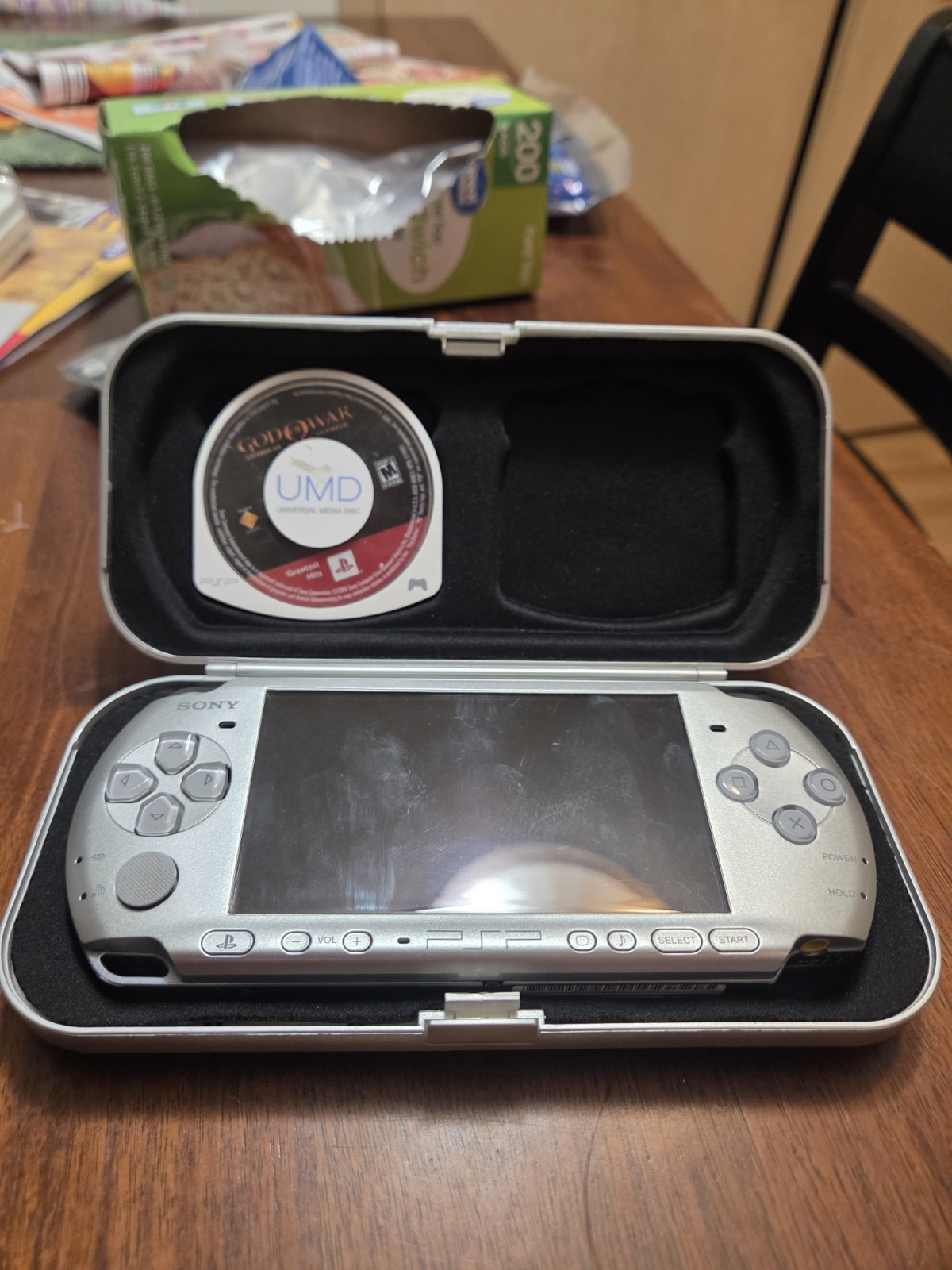 Sony PSP Silver Handheld System, USB, w/ Case, God Of War Game