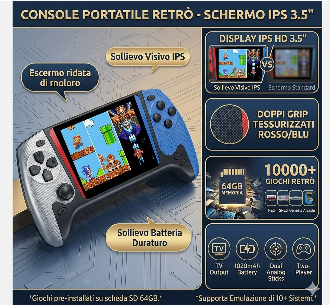 Portable Gaming Retro Console – 3.5″ IPS Screen – 64GB 10000+ Games