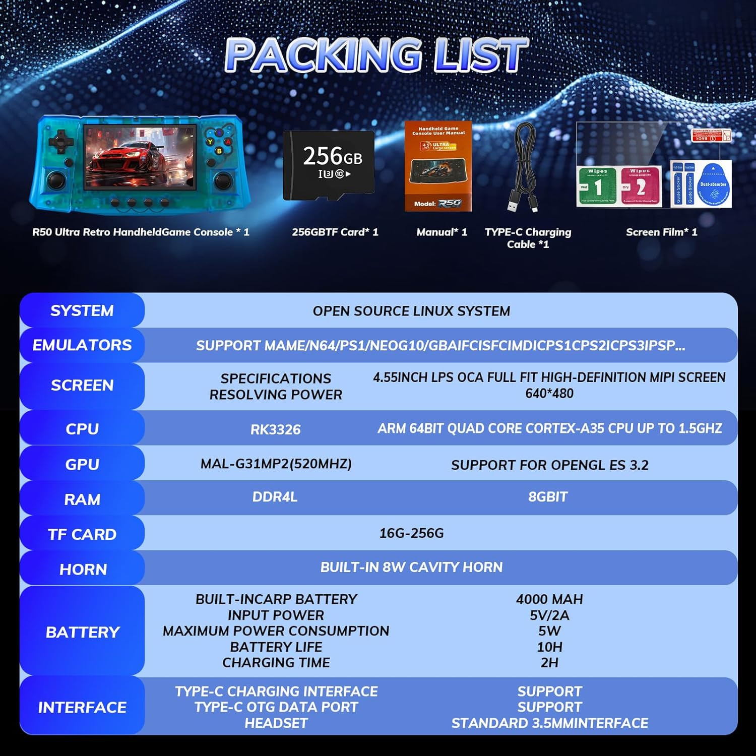 [50000 in 1] R50S Ultra Handheld Game Console 4.5 Inch IPS Screen Mini Retro Con