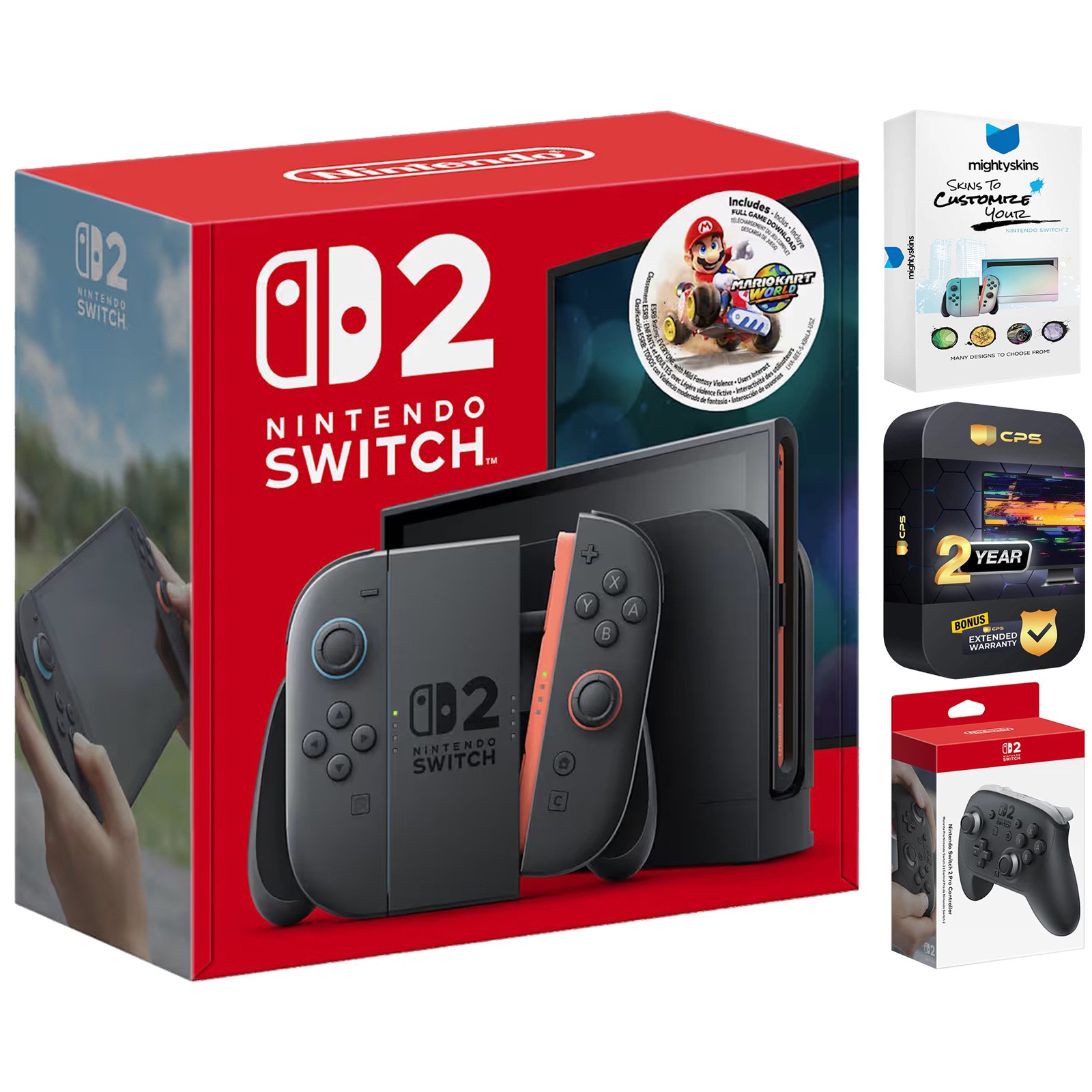 Nintendo Switch 2 Mario Kart World Bundle + Pro Controller, MightySkins Code