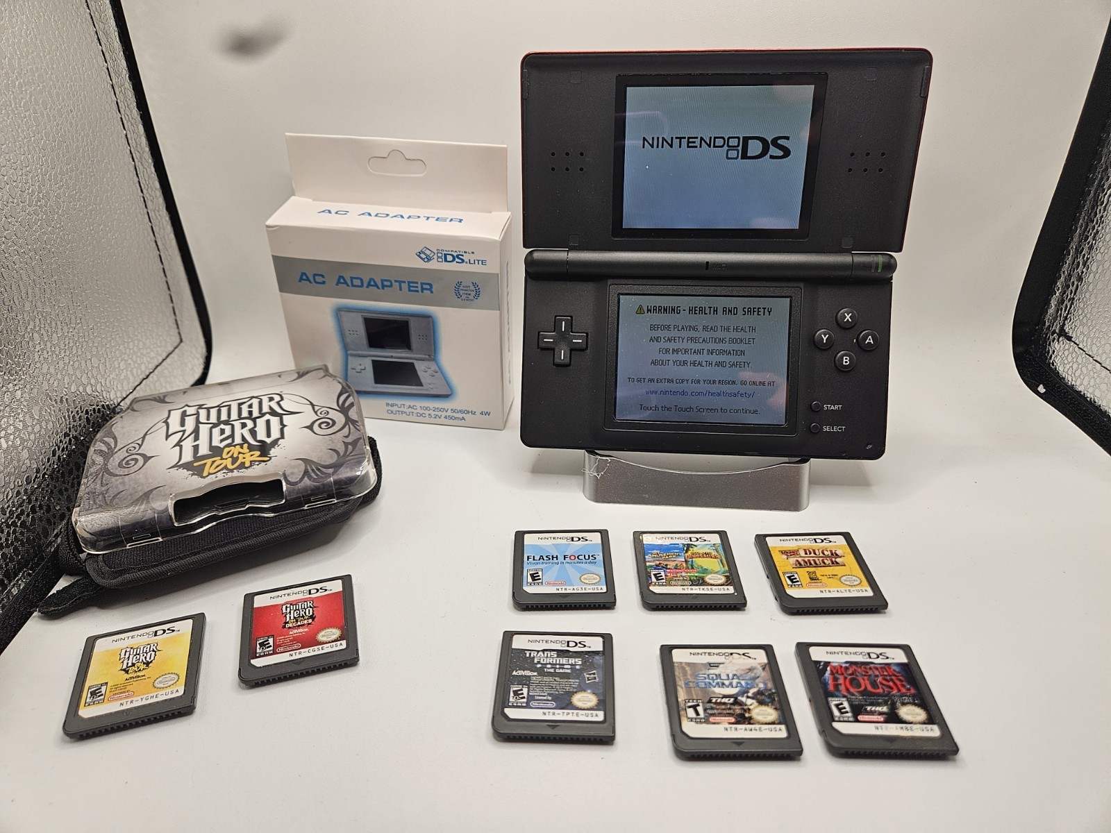 Nintendo DS Lite Crimson Console W/ Charger Guitar Hero & (9) Games *Tested